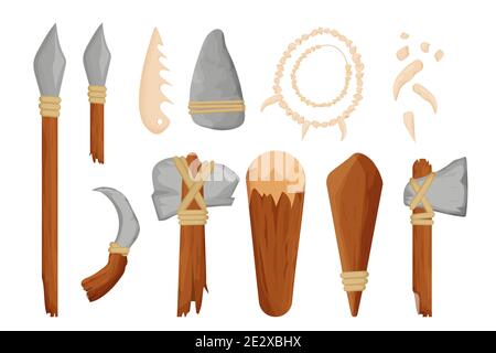 Set von Steinzeitwerkzeuge, Waffe im Cartoon-Stil detailliert. Schärfen Felsen als Messer, Hammer, Axt aus Stein und Holz, Keule, Speer und Knochen isoliert auf weißem Hintergrund Stock Vektor-Illustration.. Stock Vektor