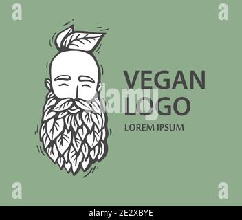 Eco Nature-Logo. Hipster Kopf mit blühenden Bart mit Blättern auf weißem Hintergrund. Handgezeichnete Vektorgrafik. Bärtiger Mann Emblem für Öko-Produkte. Stock Vektor