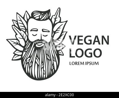 Eco Nature-Logo. Hipster Kopf mit blühenden Bart mit Blättern auf weißem Hintergrund. Handgezeichnete Vektorgrafik. Bärtiger Mann Emblem für Öko-Produkte. Stock Vektor