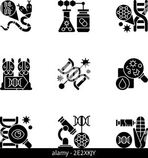 DNA-Struktur Experiment schwarze Glyphen Symbole auf weißen Raum gesetzt Stock Vektor