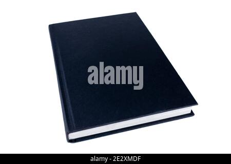 Schwarzes Buchcover auf weißem Hintergrund, perspektivische Ansicht Stockfoto