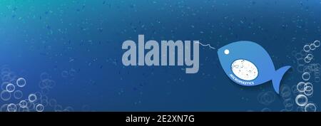 Mikroplastik Baumschulen Vektor-Illustration verursacht Wasserverschmutzung. Einweg-Plastikbeutel, Flaschen, Becher, Trinkhalme und anderes Polyester und Polypropylen Stock Vektor