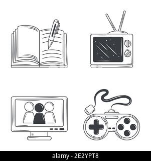Hobbys Icons Set, schreiben, Spiel, sehen tv Skizze Stil Design Vektor Illustration Stock Vektor