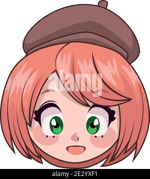 Schöne Teenager Mädchen tragen Baskenmütze Anime Kopf Charakter Vektor Illustration Design Stock Vektor