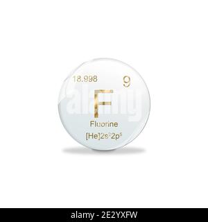 3D-Illustration, Fluorensymbol - F. Element des Periodensystems auf weißer Kugel mit goldenen Zeichen. Weißer Hintergrund Stockfoto