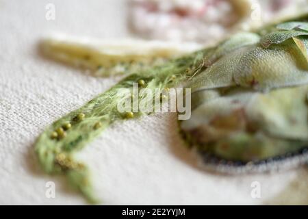 Couture Stickerei in Mischtechnik. Stillleben mit Artischocken. Stockfoto