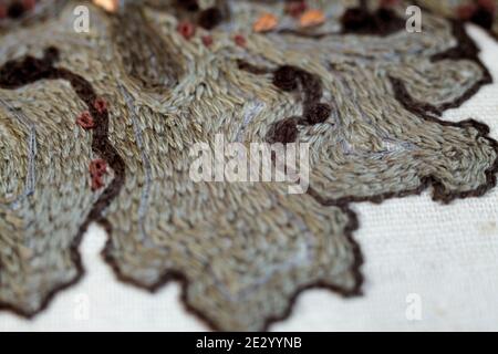 Couture-Stickerei aus Flechten mit luneville Hakenkette stich und französischen Knoten. Stockfoto