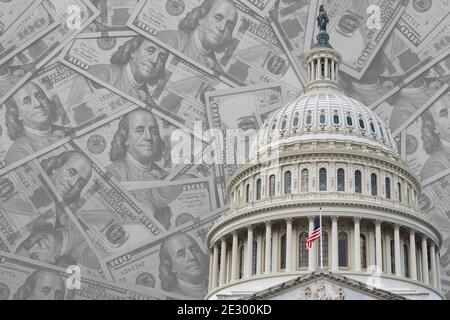 Das Kapitolgebäude der Vereinigten Staaten von Amerika in Washington D.C. wird über einer Sammlung von 100 Dollar Scheinen überlagert gezeigt. Stockfoto