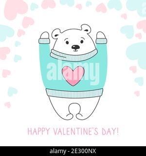 Happy Valentinstag Grußkarte, Eisbär im Pullover, Herzen. Zeichnen Sie Doodle Cartoon-Stil. Romantische Banner niedlichen Hand gezeichnet Bär Teddy. Design für Druck, über Liebe Herzen Vektor-Illustration Stock Vektor