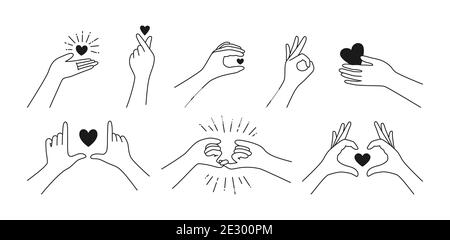 Valentine schwarze Linie Symbol-Set, Hand hält Herz. Finger Liebe Symbol, Hände Gesten koreanische Liebe Zeichen. Frau Hände minimalistischen Trend-Stil. Design drucken Grußkarten, Vektor-Illustration isoliert Stock Vektor