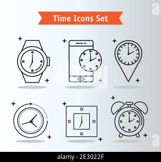 Sechs Symbole und Schriftzüge im Stil der Zeitzeile In Farbband Stock Vektor