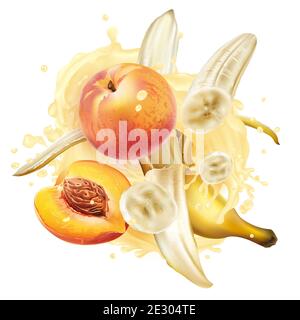 Bananen und Pfirsiche in einem Milchshake Spritzer. Stockfoto