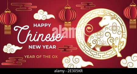 Chinesisches Neujahr 2021 Jahr des Ochsen Hintergrund Vektorgrafik. Happy Chinese New Year 2021 Vektor-Hintergrund-Design. 2021 Chinesisches Neujahrsfest Stock Vektor