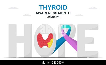 Schilddrüsenbewußtsein Monat Vorlage wurde mit Konzept der Hoffnung entworfen. Medizinische Illustration isoliert auf weißem Hintergrund. Stock Vektor