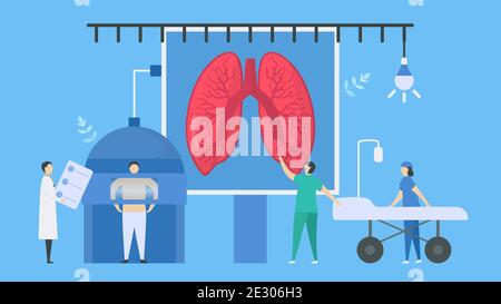 Diese medizinische Untersuchung erfolgt durch Röntgenstrahlung. Der Arzt überprüft die Lunge des menschlichen Körpers, EIN Workflow-Teil der Patientenversorgung. Flaches Design in minimalistischem, winzigem Stil. Stock Vektor