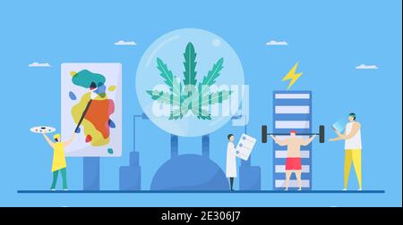 Nutzen von Cannabis. Diese Sache kann eine gute Gesundheit und Fähigkeit wie Kunst, stark und groß machen. Vektorgrafik im flachen Stil. Stock Vektor