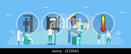Primäre medizinische Messungen umfassen Größe, Gewicht, Druck und Temperatur. Arbeitsablauf der Patientenversorgung. Vektor-Illustration im winzigen Stil. Stock Vektor