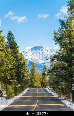 Landstraße im Wald in einem Winter sonnigen Tag Morgen. Mount Girouard im Hintergrund. Banff National Park, Kanadische Rockies, Alberta, Kanada. Stockfoto