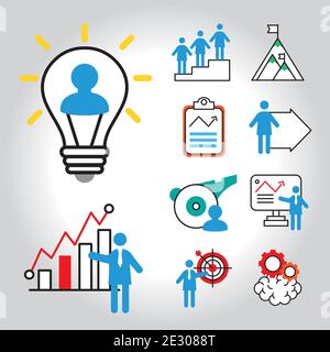 Bündel von neun Business People Coaching und zehn Half Line Stilicons Stock Vektor