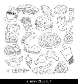 Fast Food Doodle Icons. Hand Made Line Art. Menü Restaurant. Berühmtes Essen. Logo Symbol Design Stock Vektor