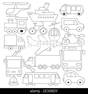 Große gekritzelte Transport-Ikonen-Kollektion in schwarz-weiß. Kleine handgezeichnete Illustrationen sind isoliert (Gruppe) Stock Vektor