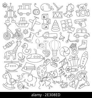 Kindergarten-Design farblose Set Vektor-Illustration. Malbuch. Schwarz-Weiß-Strichkunst Stock Vektor