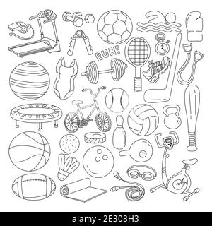 Fitness-Doodles Set. Sportgeräte, Trainingsgeräte und Trainingszubehör Stock Vektor