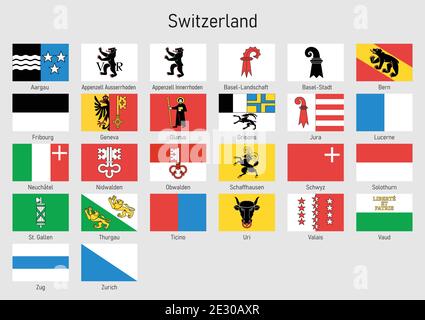 Set Flaggen der Kantone der Schweiz, Alle Schweizer Regionen Fahnensammlung Stock Vektor