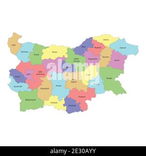 Hochwertige bunt beschriftete Karte von Bulgarien mit Grenzen von Die Regionen Stock Vektor