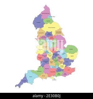 Hochwertige bunt beschriftete Karte von England mit Grenzen von Die Grafschaften Stock Vektor