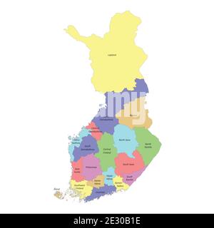 Hochwertige bunt beschriftete Karte von Finnland mit Grenzen von Die Regionen Stock Vektor