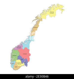 Hochwertige bunt beschriftete Karte von Norwegen mit Grenzen von Die Regionen Stock Vektor