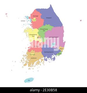 Hochwertige bunt beschriftete Karte von Südkorea mit Grenzen Der Regionen Stock Vektor