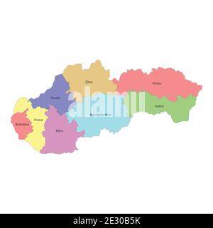 Hochwertige bunt beschriftete Karte der Slowakei mit Grenzen von Die Regionen Stock Vektor