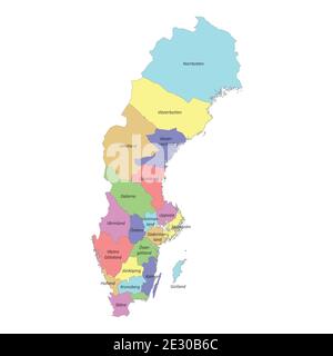 Hochwertige bunt beschriftete Karte von Schweden mit Grenzen von Die Regionen Stock Vektor