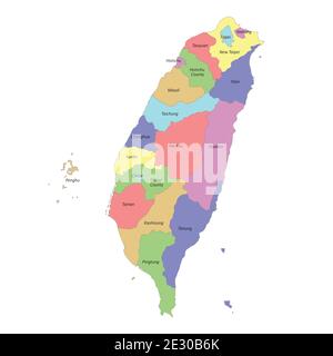 Hochwertige bunt beschriftete Karte von Taiwan mit Grenzen von Die Regionen Stock Vektor