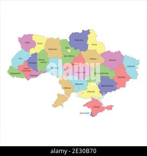 Hochwertige bunt beschriftete Karte der Ukraine mit Grenzen von Die Regionen Stock Vektor