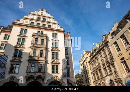 Das Orlando Haus am Platzl, historisches Gebäude und Brauerei in der Münchner Innenstadt, hat seinen Namen von Orlando di Lasso, berühmter Komponist. Stockfoto