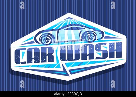 Vector Logo für Car Wash, dekorative Schildertafel mit Illustration des Outline Sportwagens unter Wasserdusche, modisches Signet mit kreativem Schriftbild für Stock Vektor