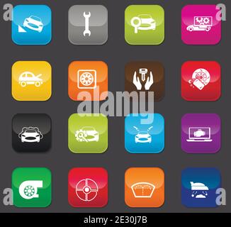 Autoladen-Icon-Set für Websites und Benutzeroberfläche. Farbige Tasten auf dunklem Hintergrund Stock Vektor