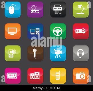 Gerätsymbole für Websites und Benutzeroberfläche. Farbige Tasten auf dunklem Hintergrund Stock Vektor