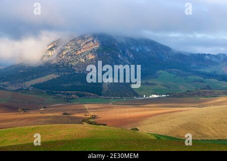 Sierra de Peñarrubia mit Wolken in der Region Guadalteba in Malaga. Andalacía, Spanien Stockfoto