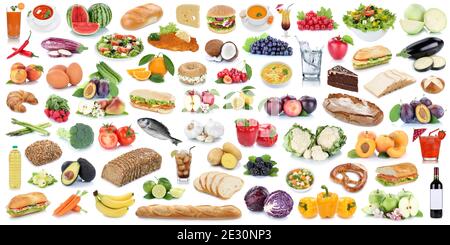 Essen und Trinken Sammlung Hintergrund Collage gesunde Ernährung Panorama Früchte Gemüse Obst Getränke isoliert auf einem weißen Hintergrund Stockfoto
