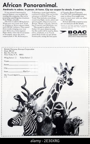 1966 Zeitschriftenwerbung für BOAC-Ferienflüge nach Afrika. Stockfoto