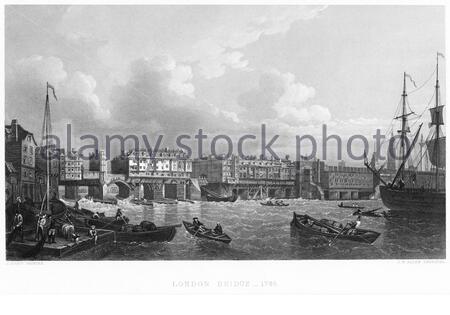 Alte London Bridge, Themse London England, Vintage Gravur von 1745 Stockfoto