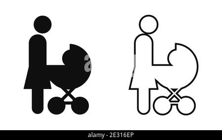 Mutter mit Kinderwagen Symbol in einfachen Icon-Stil. Vektorgrafik auf weißem Hintergrund. Stock Vektor