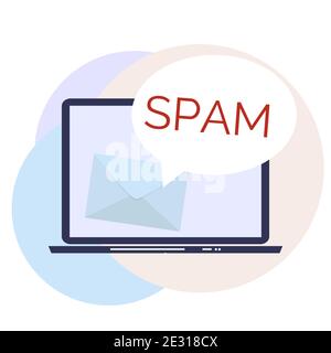 Briefumschlag mit Spam. Fenster „Spam-E-Mail-Warnung“ Auf Dem Laptop-Bildschirm. Abbildung Stockfoto