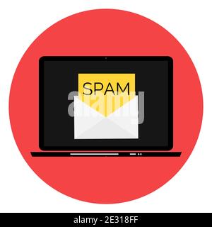 Briefumschlag mit Spam. Fenster „Spam-E-Mail-Warnung“ Auf Dem Laptop-Bildschirm. Abbildung Stockfoto