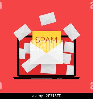 Briefumschlag mit Spam. Fenster „Spam-E-Mail-Warnung“ Auf Dem Laptop-Bildschirm. Abbildung Stockfoto