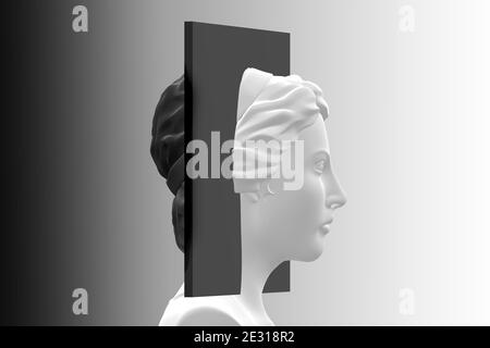 Bipolare Splitpersönlichkeit. Weibchen mit schwarzer Trennwand. Konzept der psychischen Krankheit. 3D-Rendering Stockfoto